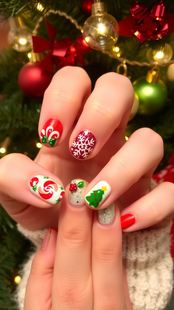 A collection of Christmas-themed nail art designs with vibrant colors and festive patterns.